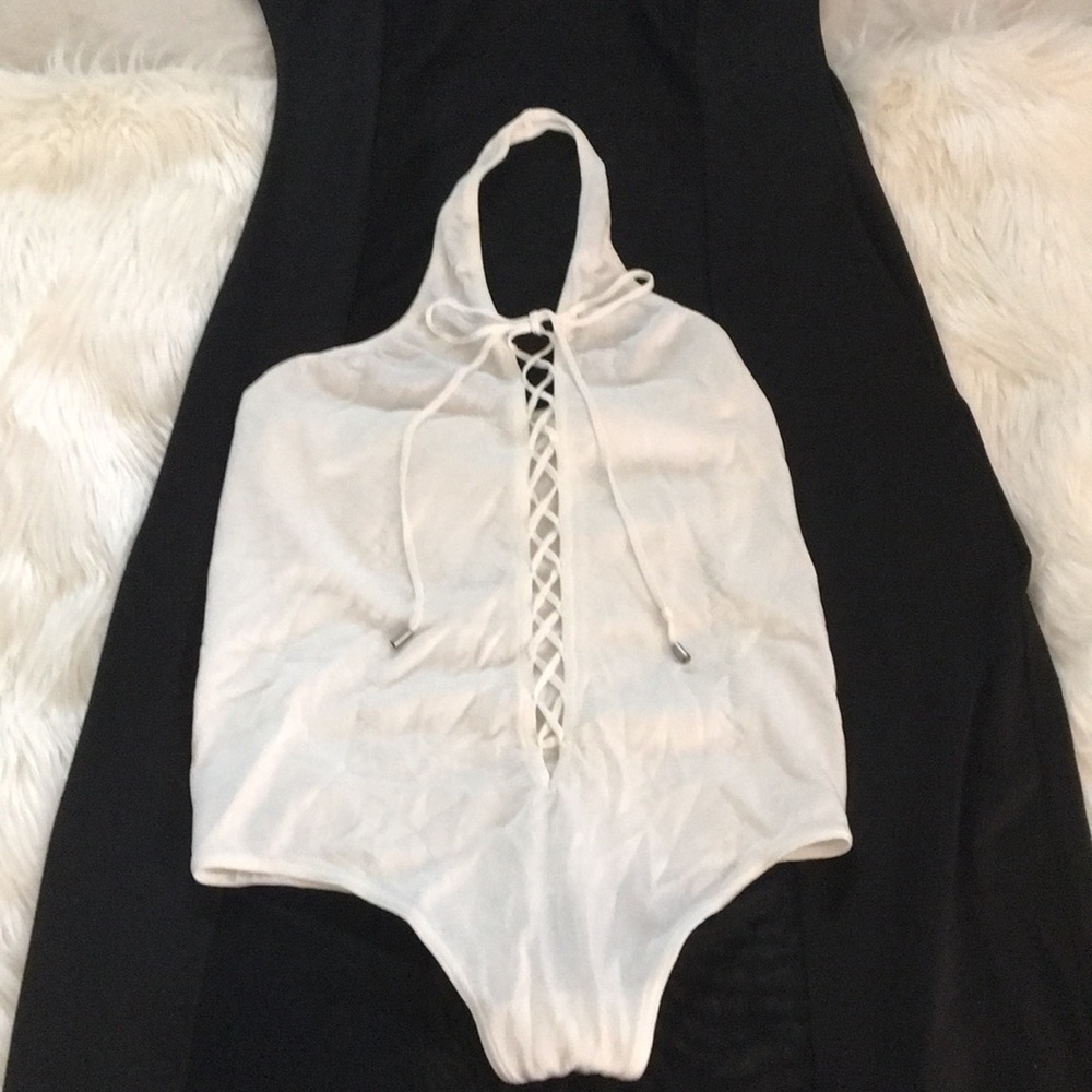 Wolford White Halter Lace Up Bodysuit Snap Bottom Size M
